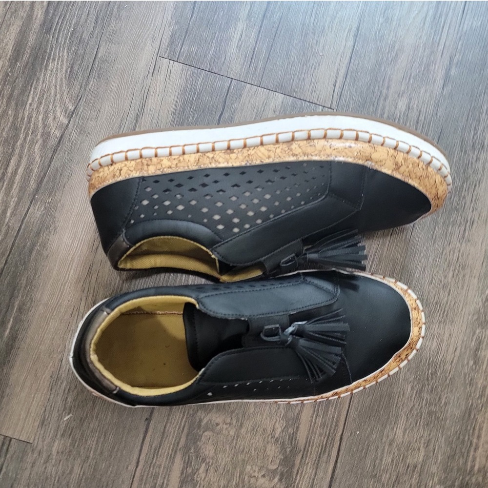 Womens Black Tassel Slip On Sneakers Cork Platform‎ Loafers Perforated Shoes 9